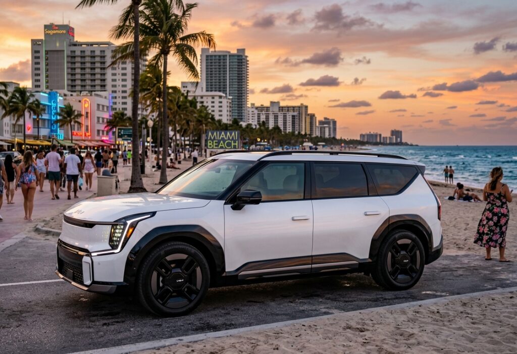 White Kia EV9 electric SUV parked along Miami Beach Ocean Drive at sunset