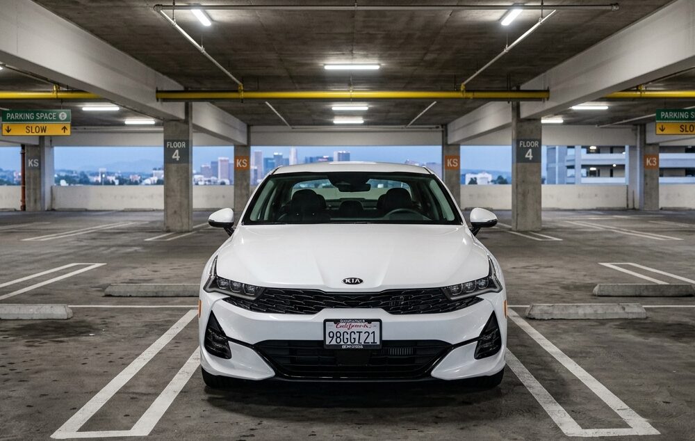 White Kia K5 sedan parked in a concrete parking garage at dusk, in Los Angeles