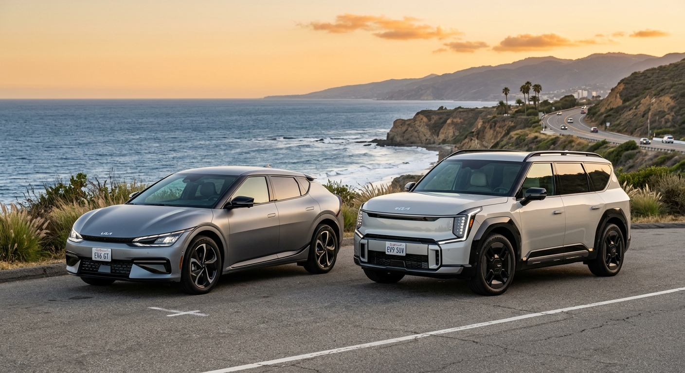 Matte Kia EV6 and White Kia EV9 electric cars parked side by side on Malibu coast